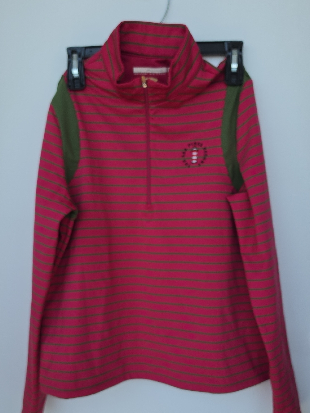 Striped Half-Zip Pullover in Raspberry and Olive ,Medium. V-BL